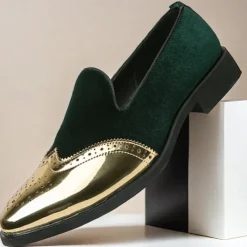 Men's Prom Shoes - Burgundy Velvet and Gold Patent Leather Slip-Ons with Brogue Detailing for Formal Wear