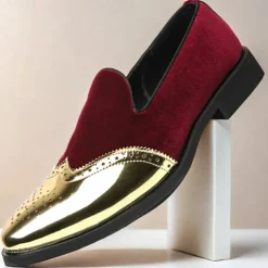 Men's Prom Shoes - Burgundy Velvet and Gold Patent Leather Slip-Ons with Brogue Detailing for Formal Wear