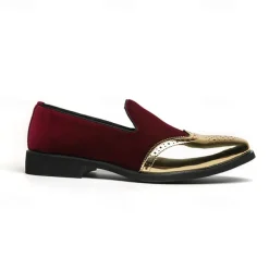 Men's Prom Shoes - Burgundy Velvet and Gold Patent Leather Slip-Ons with Brogue Detailing for Formal Wear