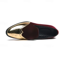 Men's Prom Shoes - Burgundy Velvet and Gold Patent Leather Slip-Ons with Brogue Detailing for Formal Wear