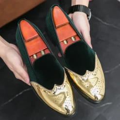 Men's Prom Shoes - Burgundy Velvet and Gold Patent Leather Slip-Ons with Brogue Detailing for Formal Wear