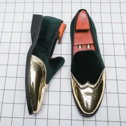 Men's Prom Shoes - Burgundy Velvet and Gold Patent Leather Slip-Ons with Brogue Detailing for Formal Wear