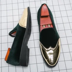 Men's Prom Shoes - Burgundy Velvet and Gold Patent Leather Slip-Ons with Brogue Detailing for Formal Wear