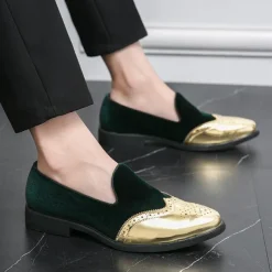 Men's Prom Shoes - Burgundy Velvet and Gold Patent Leather Slip-Ons with Brogue Detailing for Formal Wear