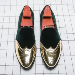 Men's Prom Shoes - Burgundy Velvet and Gold Patent Leather Slip-Ons with Brogue Detailing for Formal Wear