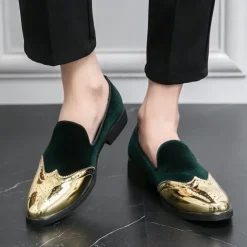 Men's Prom Shoes - Burgundy Velvet and Gold Patent Leather Slip-Ons with Brogue Detailing for Formal Wear