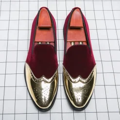 Men's Prom Shoes - Burgundy Velvet and Gold Patent Leather Slip-Ons with Brogue Detailing for Formal Wear