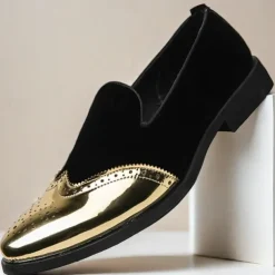 Men's Prom Shoes - Burgundy Velvet and Gold Patent Leather Slip-Ons with Brogue Detailing for Formal Wear