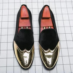Men's Prom Shoes - Burgundy Velvet and Gold Patent Leather Slip-Ons with Brogue Detailing for Formal Wear