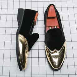 Men's Prom Shoes - Burgundy Velvet and Gold Patent Leather Slip-Ons with Brogue Detailing for Formal Wear