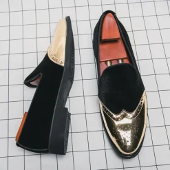 Men's Prom Shoes - Burgundy Velvet and Gold Patent Leather Slip-Ons with Brogue Detailing for Formal Wear