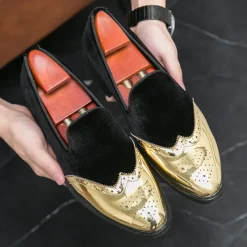 Men's Prom Shoes - Burgundy Velvet and Gold Patent Leather Slip-Ons with Brogue Detailing for Formal Wear