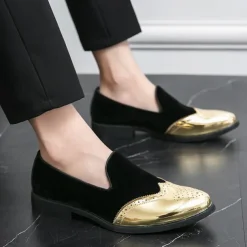 Men's Prom Shoes - Burgundy Velvet and Gold Patent Leather Slip-Ons with Brogue Detailing for Formal Wear