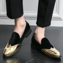 Men's Prom Shoes - Burgundy Velvet and Gold Patent Leather Slip-Ons with Brogue Detailing for Formal Wear