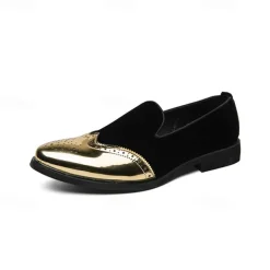 Men's Prom Shoes - Burgundy Velvet and Gold Patent Leather Slip-Ons with Brogue Detailing for Formal Wear