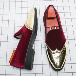 Men's Prom Shoes - Burgundy Velvet and Gold Patent Leather Slip-Ons with Brogue Detailing for Formal Wear