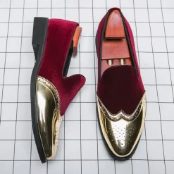 Men's Prom Shoes - Burgundy Velvet and Gold Patent Leather Slip-Ons with Brogue Detailing for Formal Wear