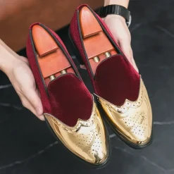 Men's Prom Shoes - Burgundy Velvet and Gold Patent Leather Slip-Ons with Brogue Detailing for Formal Wear