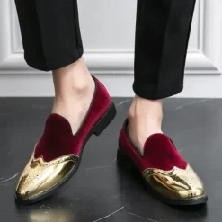 Men's Prom Shoes - Burgundy Velvet and Gold Patent Leather Slip-Ons with Brogue Detailing for Formal Wear