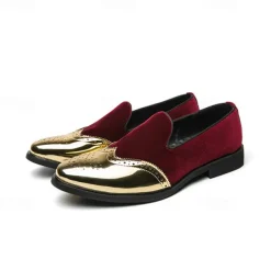 Men's Prom Shoes - Burgundy Velvet and Gold Patent Leather Slip-Ons with Brogue Detailing for Formal Wear
