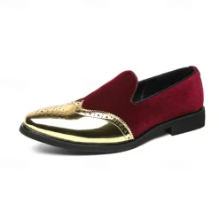 Men's Prom Shoes - Burgundy Velvet and Gold Patent Leather Slip-Ons with Brogue Detailing for Formal Wear