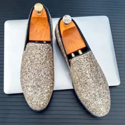 Men's Prom Shoes - Gold Glitter Slip-On Loafers for Glamorous Evening Wear