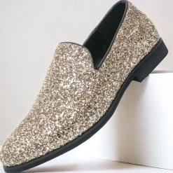 Men's Prom Shoes - Gold Glitter Slip-On Loafers for Glamorous Evening Wear