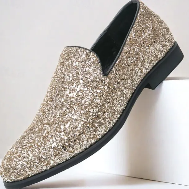Men's Prom Shoes - Gold Glitter Slip-On Loafers for Glamorous Evening Wear