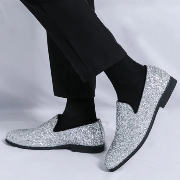 Men's Prom Shoes - Gold Glitter Slip-On Loafers for Glamorous Evening Wear