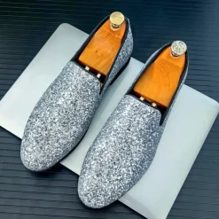 Men's Prom Shoes - Gold Glitter Slip-On Loafers for Glamorous Evening Wear