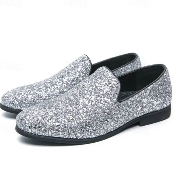 Men's Prom Shoes - Gold Glitter Slip-On Loafers for Glamorous Evening Wear