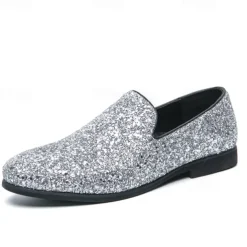 Men's Prom Shoes - Gold Glitter Slip-On Loafers for Glamorous Evening Wear