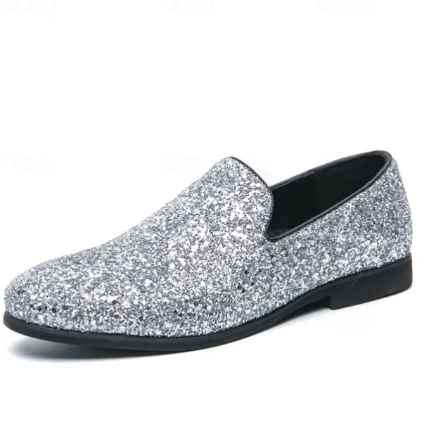Men's Prom Shoes - Gold Glitter Slip-On Loafers for Glamorous Evening Wear