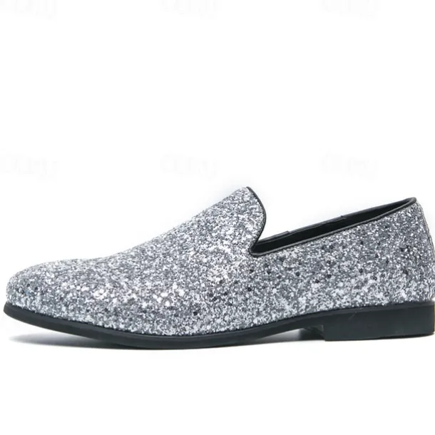 Men's Prom Shoes - Gold Glitter Slip-On Loafers for Glamorous Evening Wear