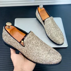 Men's Prom Shoes - Gold Glitter Slip-On Loafers for Glamorous Evening Wear