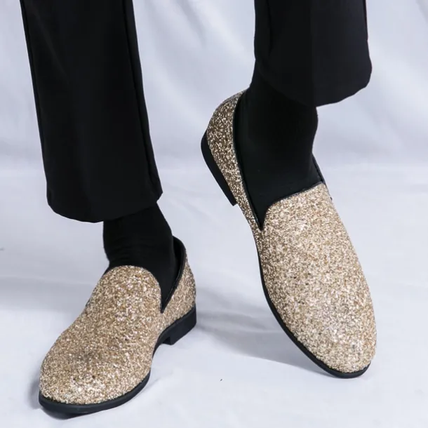 Men's Prom Shoes - Gold Glitter Slip-On Loafers for Glamorous Evening Wear