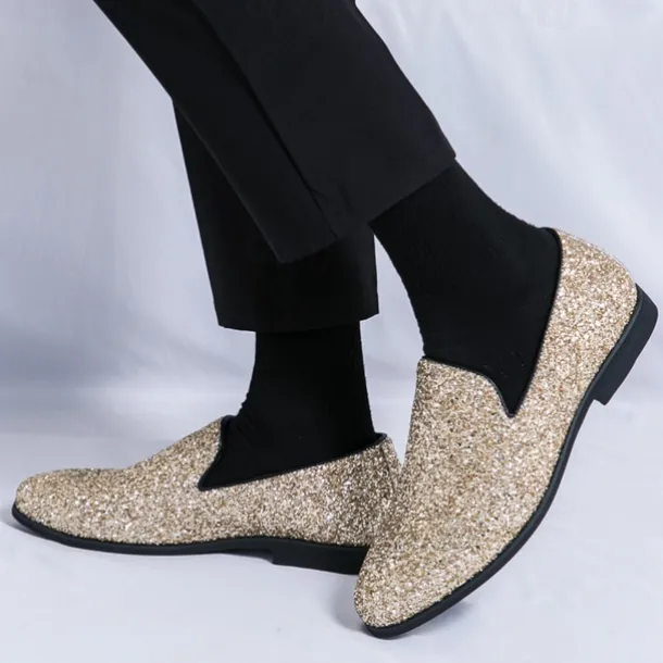 Men's Prom Shoes - Gold Glitter Slip-On Loafers for Glamorous Evening Wear