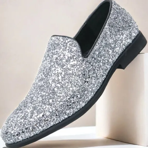 Men's Prom Shoes - Gold Glitter Slip-On Loafers for Glamorous Evening Wear