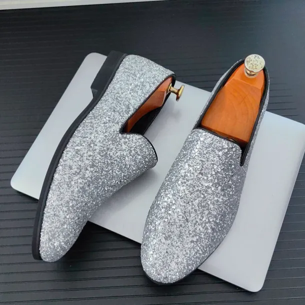 Men's Prom Shoes - Gold Glitter Slip-On Loafers for Glamorous Evening Wear
