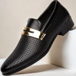 Men's Prom Shoes - Ivory Perforated Faux Leather Loafers with Gold Buckle Detail for Formal Occasions
