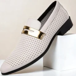 Men's Prom Shoes - Ivory Perforated Faux Leather Loafers with Gold Buckle Detail for Formal Occasions
