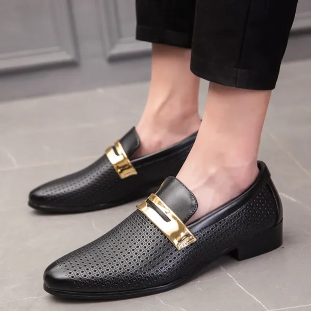 Men's Prom Shoes - Ivory Perforated Faux Leather Loafers with Gold Buckle Detail for Formal Occasions