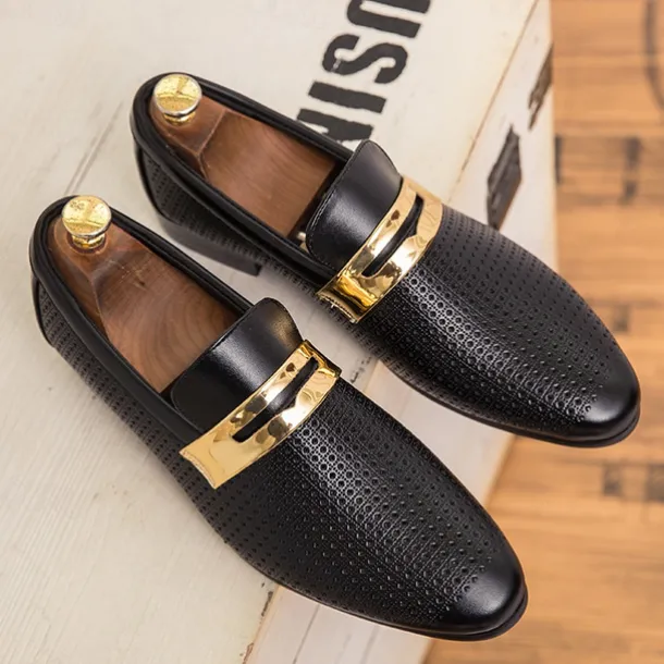 Men's Prom Shoes - Ivory Perforated Faux Leather Loafers with Gold Buckle Detail for Formal Occasions