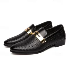 Men's Prom Shoes - Ivory Perforated Faux Leather Loafers with Gold Buckle Detail for Formal Occasions