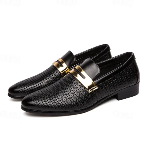 Men's Prom Shoes - Ivory Perforated Faux Leather Loafers with Gold Buckle Detail for Formal Occasions