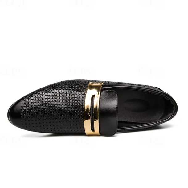 Men's Prom Shoes - Ivory Perforated Faux Leather Loafers with Gold Buckle Detail for Formal Occasions