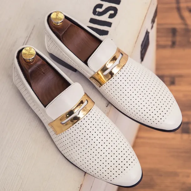 Men's Prom Shoes - Ivory Perforated Faux Leather Loafers with Gold Buckle Detail for Formal Occasions