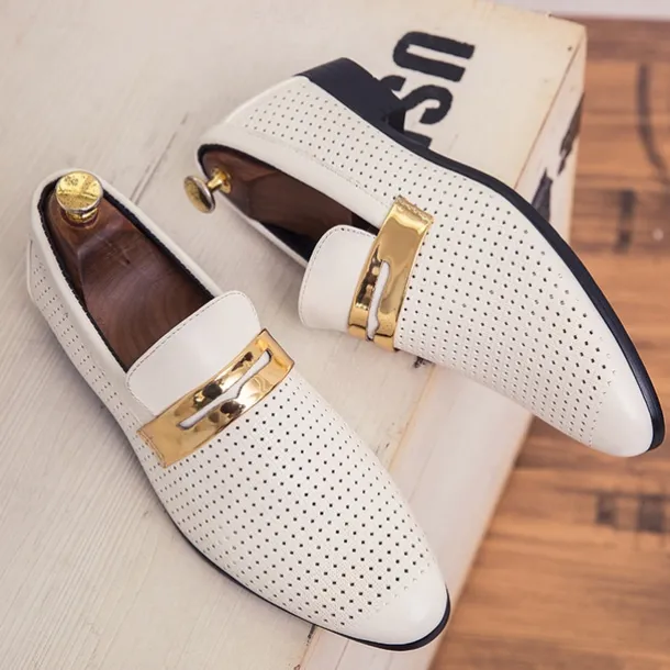 Men's Prom Shoes - Ivory Perforated Faux Leather Loafers with Gold Buckle Detail for Formal Occasions