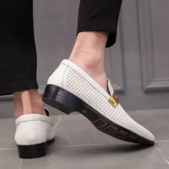 Men's Prom Shoes - Ivory Perforated Faux Leather Loafers with Gold Buckle Detail for Formal Occasions