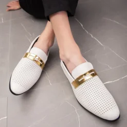 Men's Prom Shoes - Ivory Perforated Faux Leather Loafers with Gold Buckle Detail for Formal Occasions